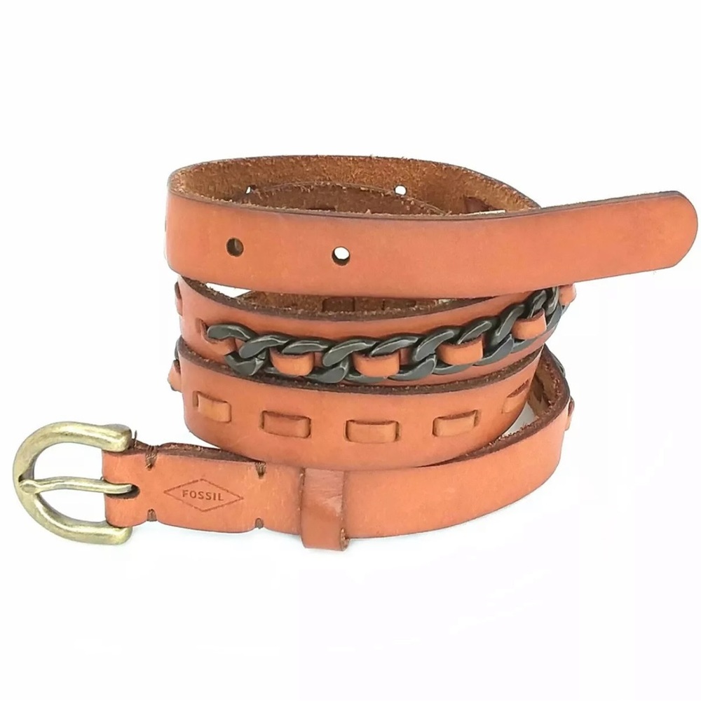 Fossil Leather Belt Gunmetal Chain Detail Size Medium Skinny Brass Hardware